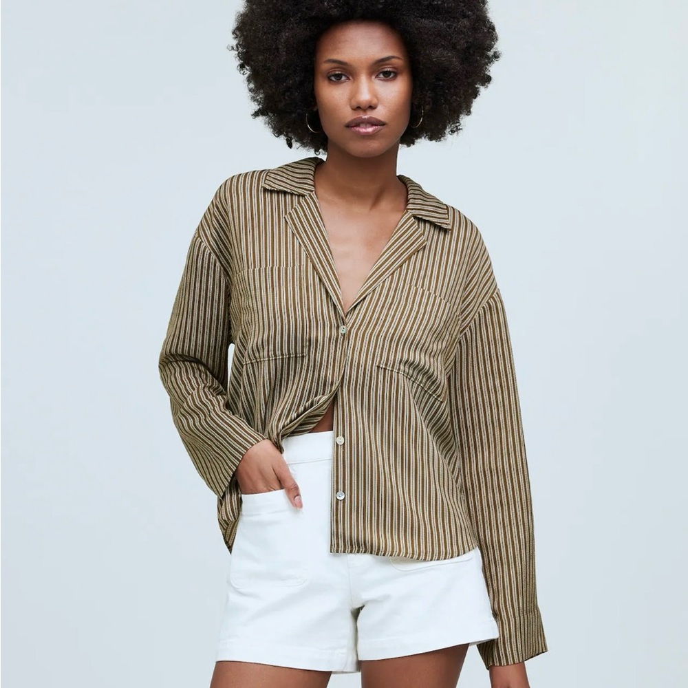 NWT Madewell Striped Resort Long-Sleeve Shirt in Dark Olive